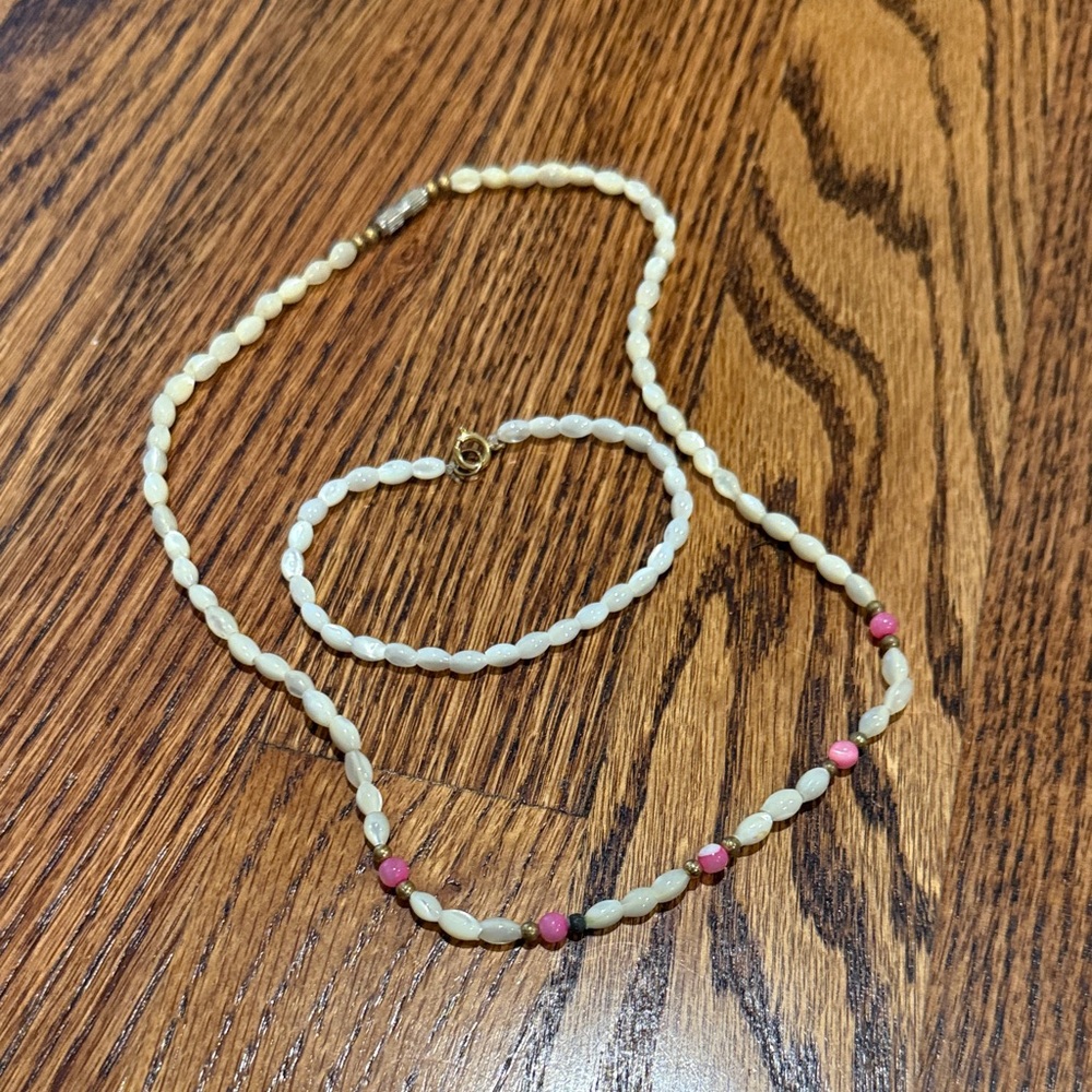 Cream and Pink Beaded Necklace and Bracelet Set